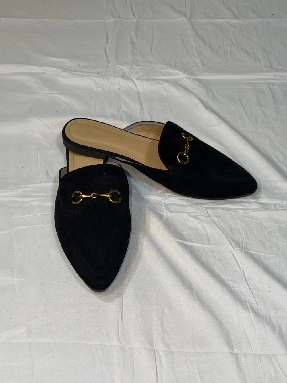SHEIN Black Suede Pointed Toe Flat Mules Gold Horsebit Buckle Slide Loafers 11 - Picture 1 of 7